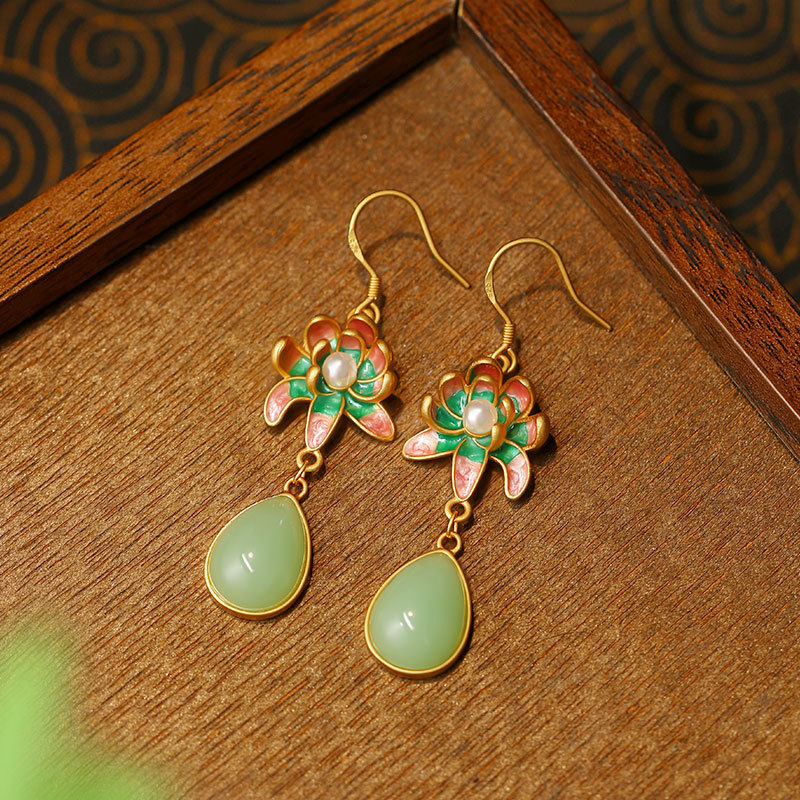 Gold Plated Jewelry - Grüne Natürliche Jade Wassertropfen-Ohrringe Amulett Mode