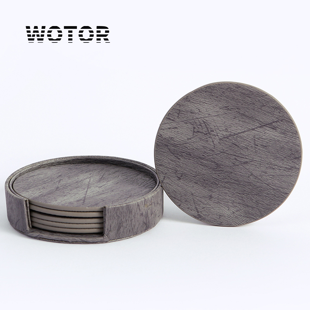 Marble Coaster Set - WOTOR 6 Teile/los Kreis Holzmaserung Leder