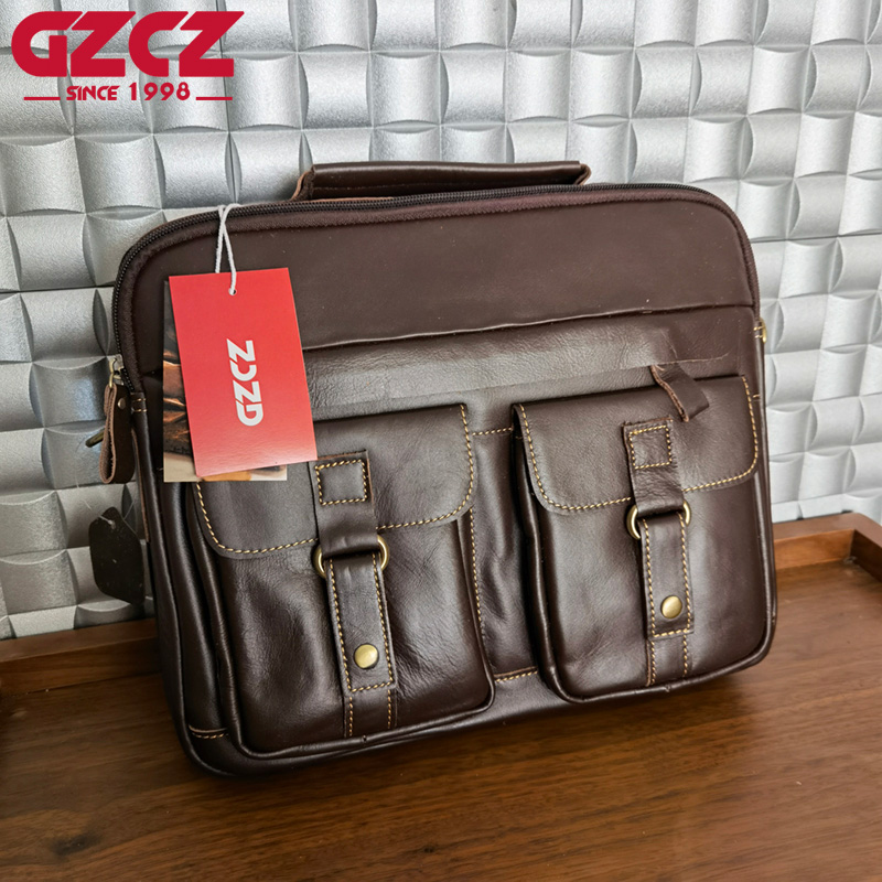 Leather Briefcase - GZCZ Herren-Handtasche Freizeit-Business-Computertasche aus Rindsleder Horizontaler