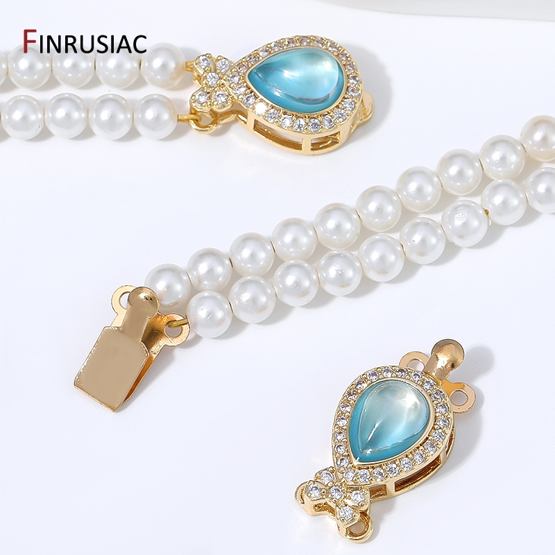 Gold Plated Jewelry - 18K vergoldeter Messing-Kastenverschluss mit Birnen-Opal, 2-Strang-Zirkon-Einsatz,