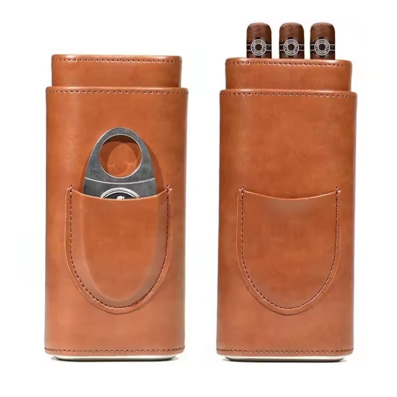 Premium Cigar Case - Zigarrenetui aus Leder, 3-Finger-Beutel mit Zedernholzfutter,